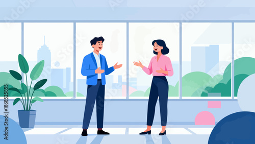 Two people are talking in a room with a potted plant in the background. The man is wearing a blue jacket and the woman is wearing a pink shirt