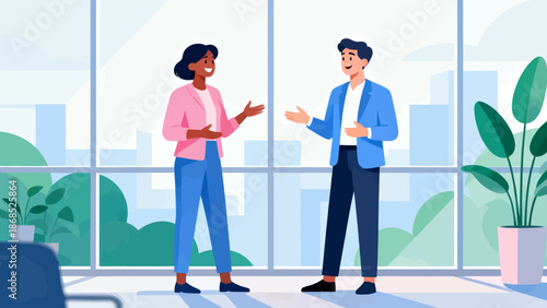 Two people are talking in a room with a potted plant in the background. The man is wearing a blue suit and the woman is wearing a pink shirt