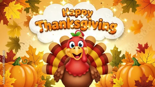 Happy Thanksgiving Cartoon Turkey and Pumpkins Autumn Leaves Background.