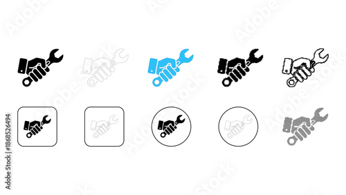 Handshake wrench service support maintenance icon set in solid line dot pixelated colourful styles