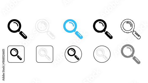 Search magnifier find explore icon set in solid line dot pixelated colourful styles