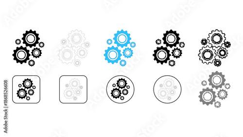 Settings gear icon set showing configuration control system in solid line dot pixelated colourful style for web app inte