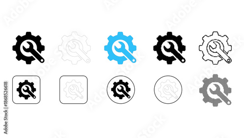 Settings gear wrench repair system icon set in solid line dot pixelated colourful styles