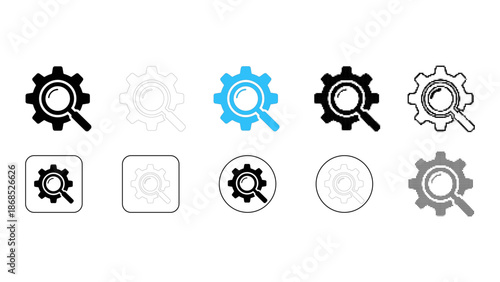 Settings search optimization icon set in solid line dot pixelated colourful styles