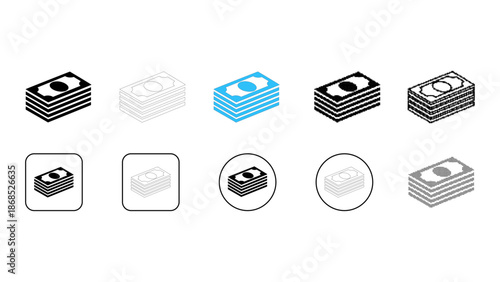 Stacked cash wealth income icon set in solid line dot pixelated colourful styles