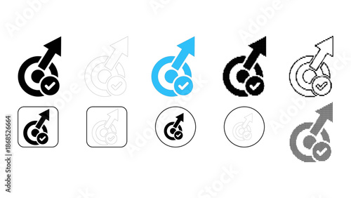 Target success growth approval icon set in solid line dot pixelated colourful styles