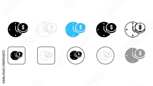 Time money cost finance value icon set in solid line dot pixelated colourful styles