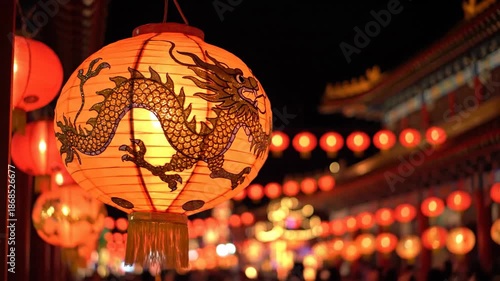 Traditional Chinese Lanterns Illuminate Night Market with Dragon Designs.