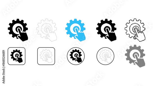 Touch settings gear control system icon set in solid line dot pixelated colourful styles