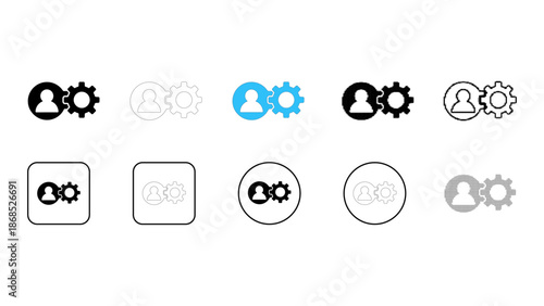 User settings icon set combining profile management system in solid line dot pixelated colourful style for application U