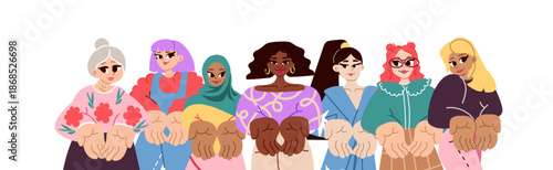 International Women’s Day illustration with diverse women standing together and holding open hands. Concept of Give to Gain, support, care and equality. Flat modern vector design for IWD 2026 campaign