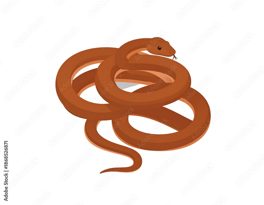 Fototapeta premium A coiled reptile, depicted in a simple vector illustration, features a light brown color with a thin, forked tongue. The creature is on a white background
