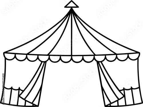 Large carnival tent with striped roof and open curtains, carnival and festival shelter design