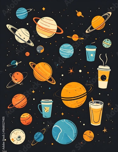 Whimsical Space-Themed Illustration Featuring Planets, Coffee Cups, and Drinks