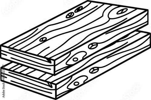 Stack of wooden planks with detailed grain texture and knots in black and white line art