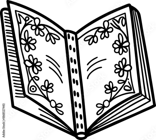 Open book with floral decorative borders, hand drawn sketch of vintage reading material with flowers