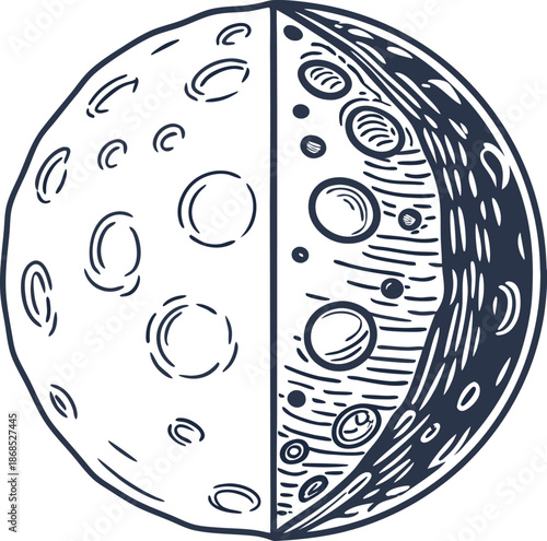Moon phases illustration showing detailed lunar surface and crater textures half shadowed and half illuminated