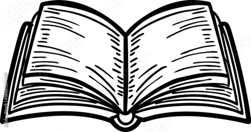 Open book with visible pages, reading and knowledge concept black and white illustration
