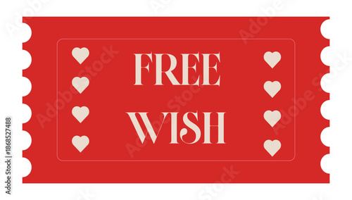 Red coupon voucher ticket with FREE WISH lettering and heart icons for promotion gift certificate loyalty reward, event invitation, surprise message, discount offer and giveaway