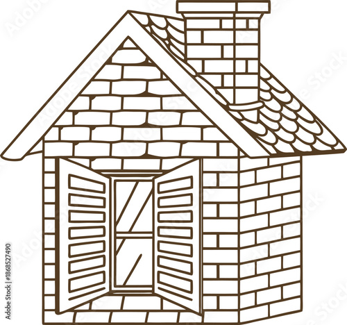 Brick house with open window shutters and chimney outline drawing