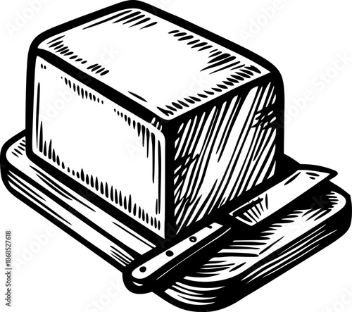 Butter block on cutting board with knife sketch dairy food illustration for breakfast and cooking