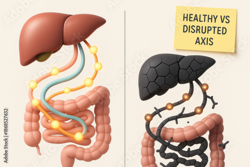 Liver gut axis comparison showing healthy balance versus disrupted pathway. This medical illustration map depicts clean scientific layout of digestive system and microbiome