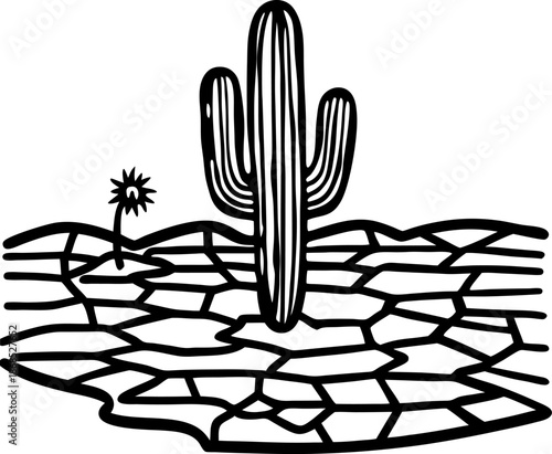 Desert scene with cracked dry earth and cactus plant in arid landscape illustration