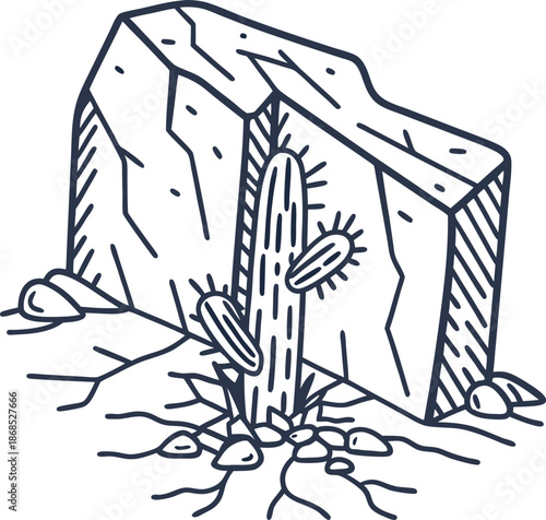 cactus growing through cracked rock in arid desert landscape with scattered stones