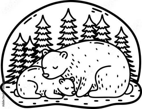 Mother bear and cub sleeping peacefully in forest clearing surrounded by pine trees