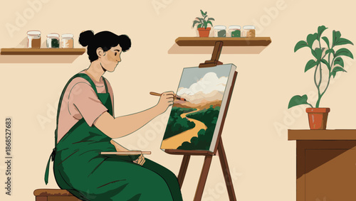 Artist at Work - Painting a Landscape in a Cozy Studio