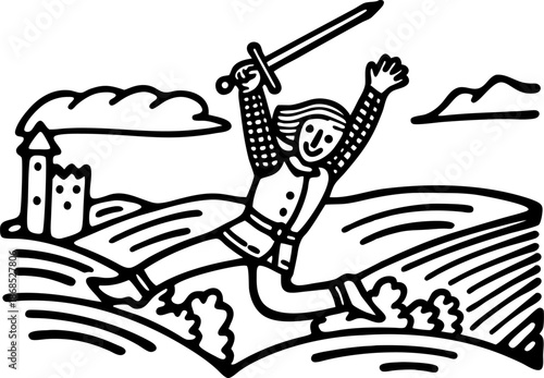 Medieval knight jumping with sword in hand over countryside landscape with castle
