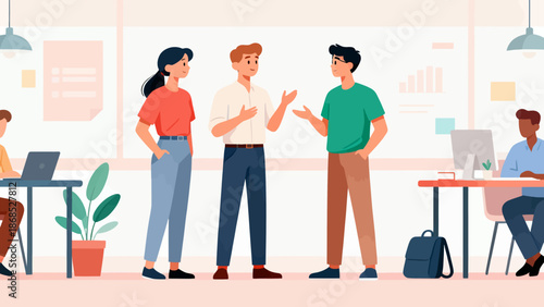 A group of people are standing in a room, talking to each other. Scene is friendly and social