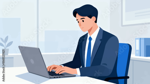 A man in a suit is typing on a laptop in front of a window. Concept of professionalism and focus, as the man is likely working on a task or project. The presence of the laptop