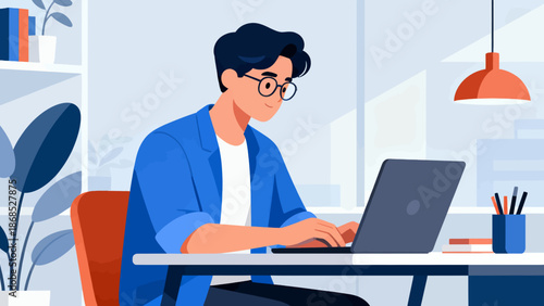 A man is sitting at a desk with a laptop in front of him. He is wearing glasses and a blue shirt. Concept of productivity and focus, as the man is working on his laptop