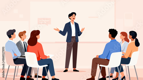 A man is standing in front of a group of people, giving a presentation. The people are sitting in chairs around him, listening intently. Scene is serious and focused