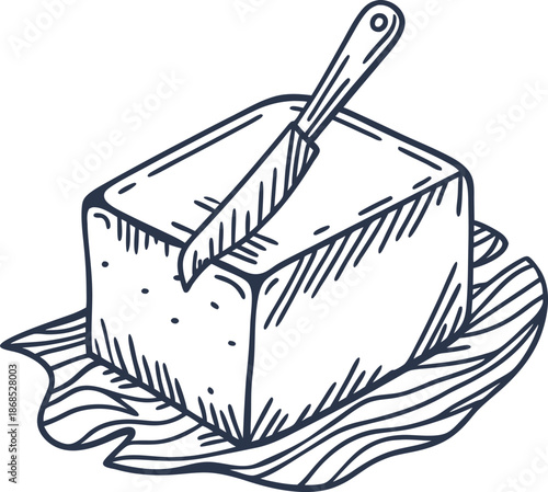 Butter block with knife on wooden cutting board hand drawn dairy product illustration