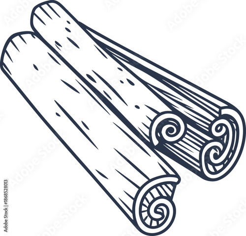 cinnamon sticks illustration two aromatic spice sticks with curled ends, textured and detailed drawing
