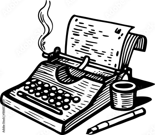 Vintage typewriter with smoking cigarette and cup, writing and creativity concept illustration