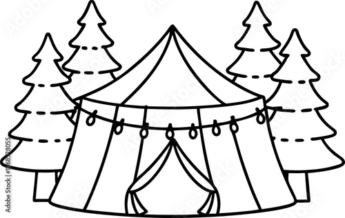 Circus tent with string lights surrounded by pine trees outdoor event forest scene