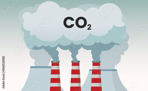Industrial chimneys with CO2 smoke causing air pollution on the sky background vector illustration, CO2 chemical formula and clouds