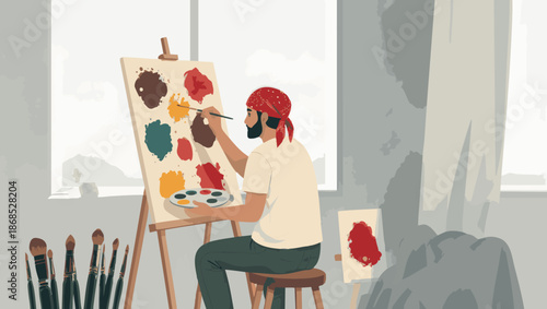 Artist painting on canvas in studio with brushes and paints