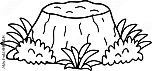 Tree stump surrounded by grass and bushes natural wood cut base with plants and foliage