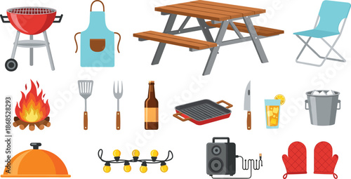 Barbecue summer party equipment, backyard picnic tools, outdoor grill accessories, wooden table, campfire, food and drink vector icons, garden celebration elements.
