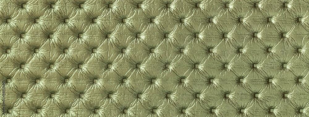 Fototapeta premium Green leather texture with capitone pattern, macro background of olive retro Chesterfield vintage textile fabric