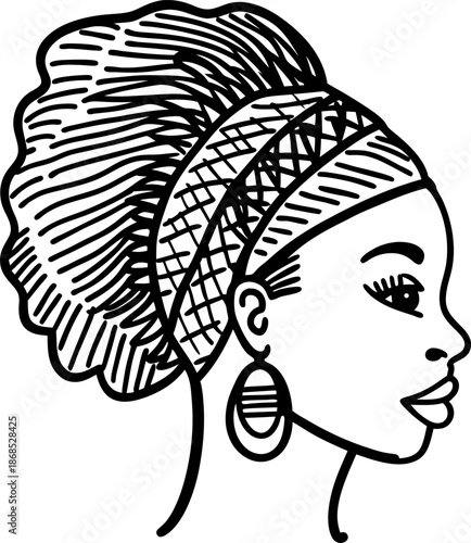 African woman profile with traditional headwrap and large hoop earrings illustration