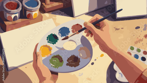 vector Artists Palette and Brush - A Colorful Creative Workspace.