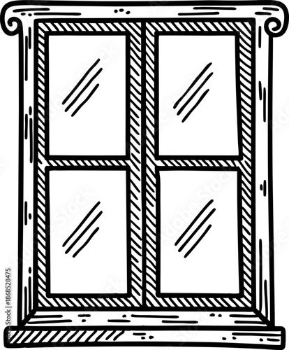 Double window frame with four glass panes in black and white sketch