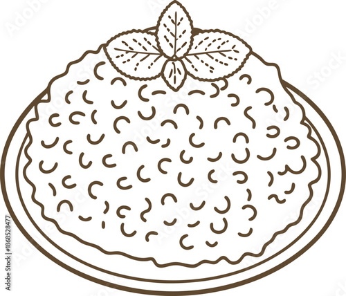 Illustration of risotto dish with garnish on a plate, italian rice meal concept