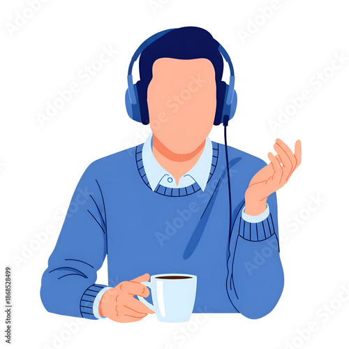 Faceless man with blue headphones and coffee mug gesturing. Vector illustration for podcasting or remote work.