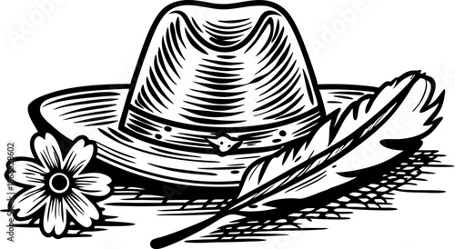 Vintage cowboy hat with feather and flower, western accessories black and white illustration